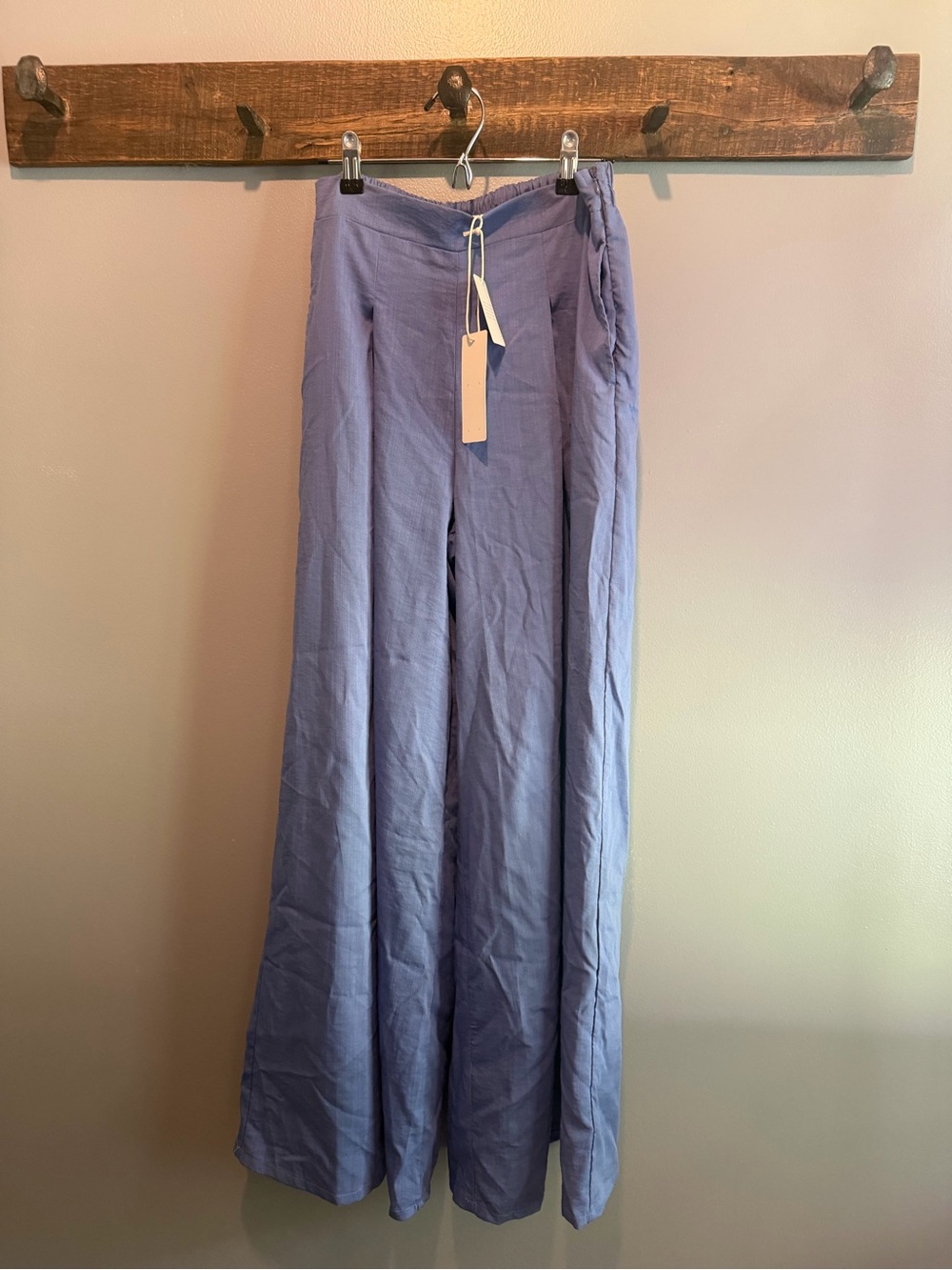 Blue Wide-Leg Linen Blend Pants
